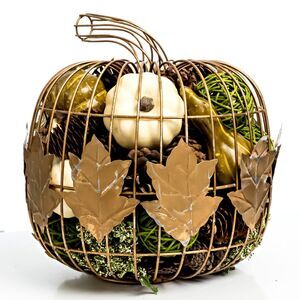 Metal Pumpkin Fall Decor Leaf Sculpture Centerpiece Autumn Harvest Table 10"x9"